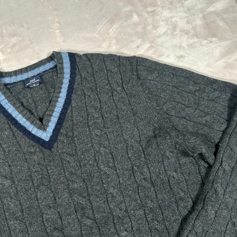 VTG Brooks Brothers 346 V-Neck Sweater Men XL Gray Lambswool Cashmere Cable Knit
